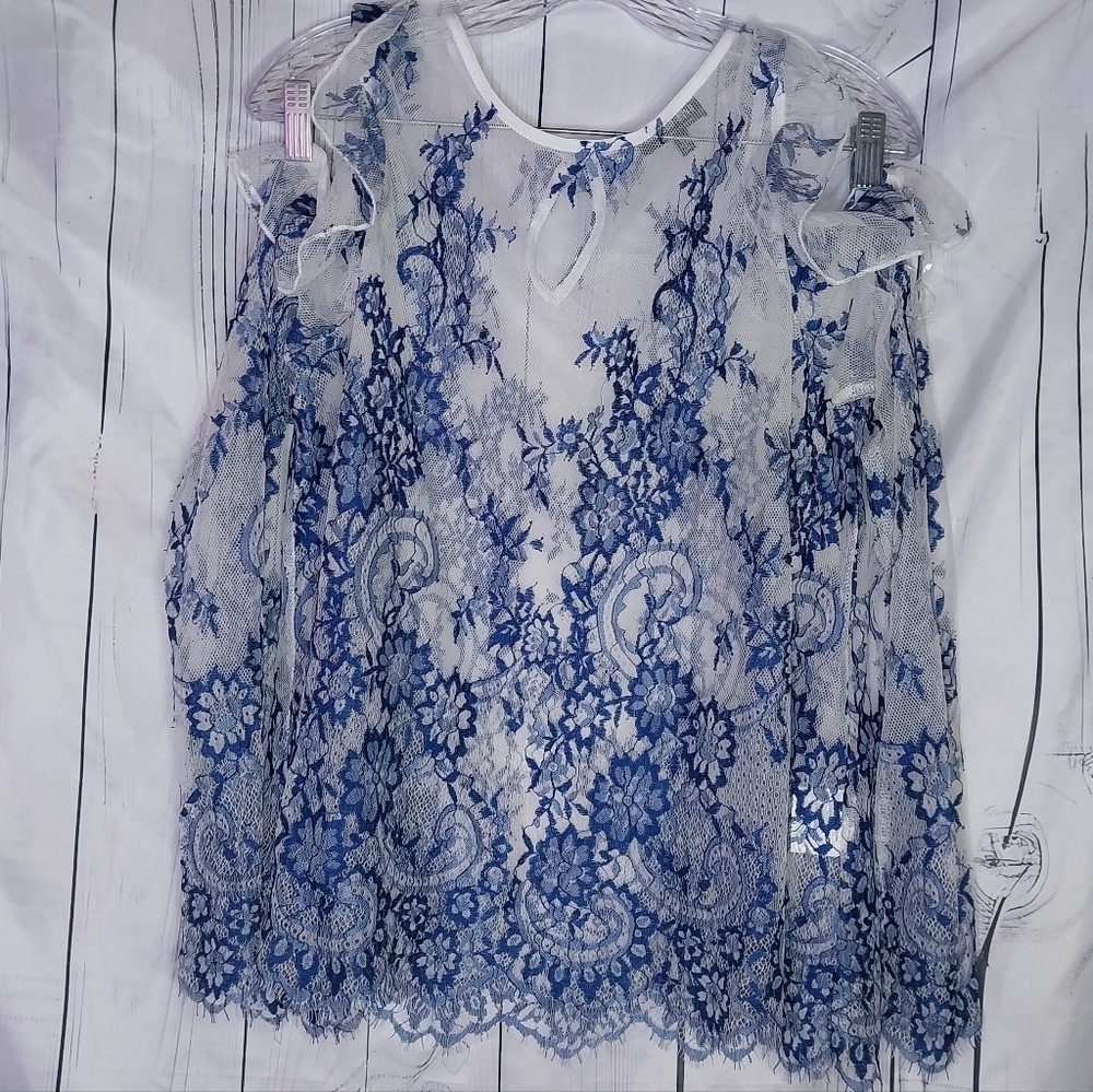 Fashion Nova Sheer Cold Shoulder Blue And White Floral Lace Romantic Top - Picture 1 of 10